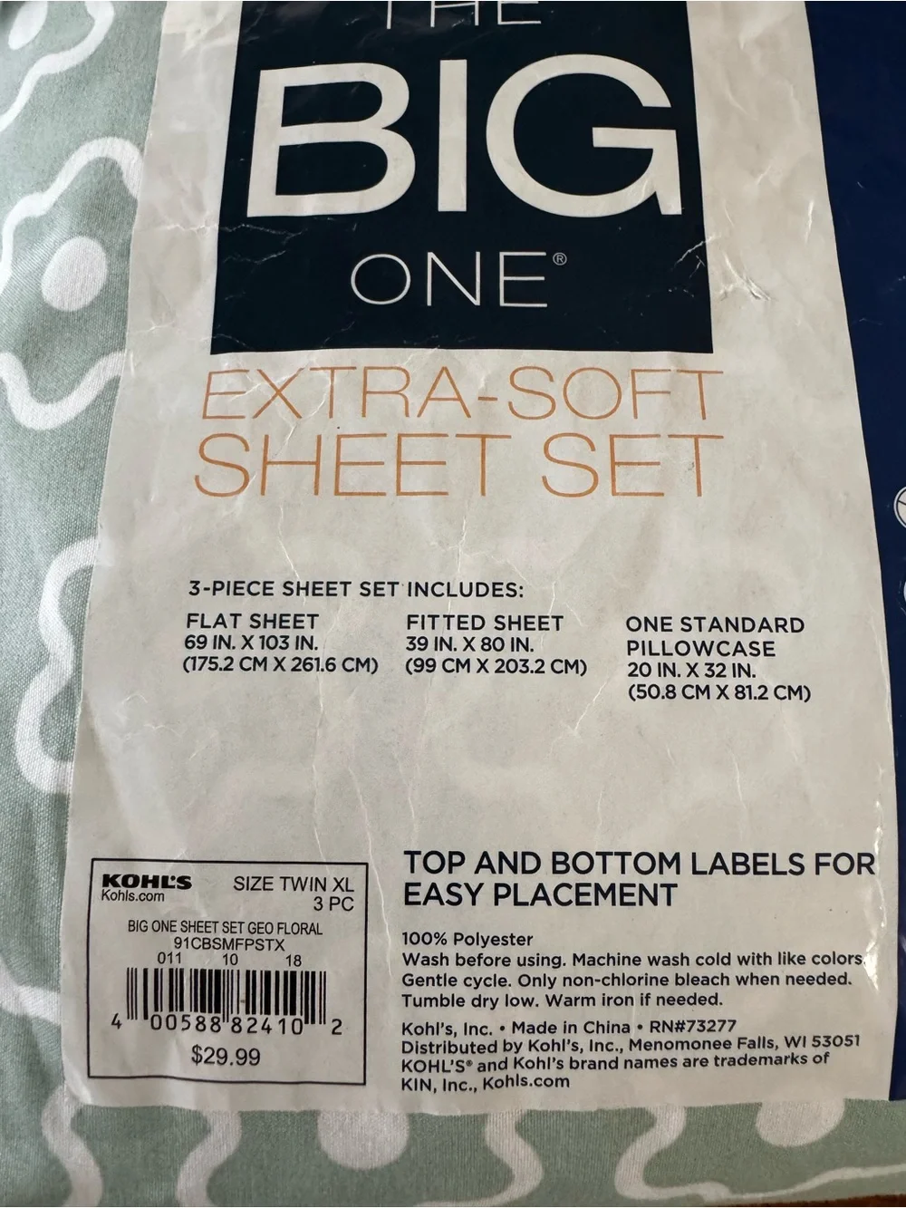 Kohl's The Big One Extra-Soft Twin XL Sheet Set in Sage and White Floral
